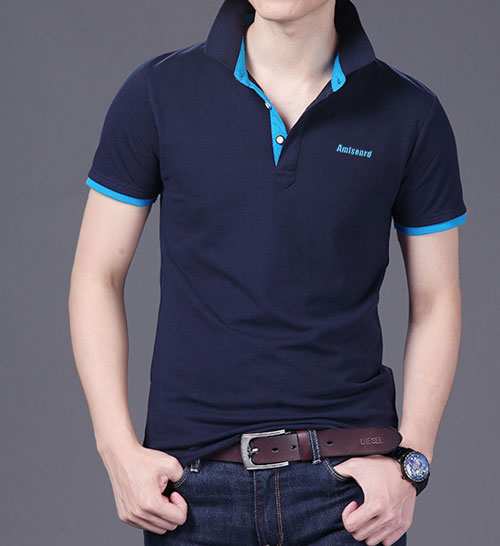 精棉萊卡高檔POLO衫定做,藏青色搭配天藍色款式圖