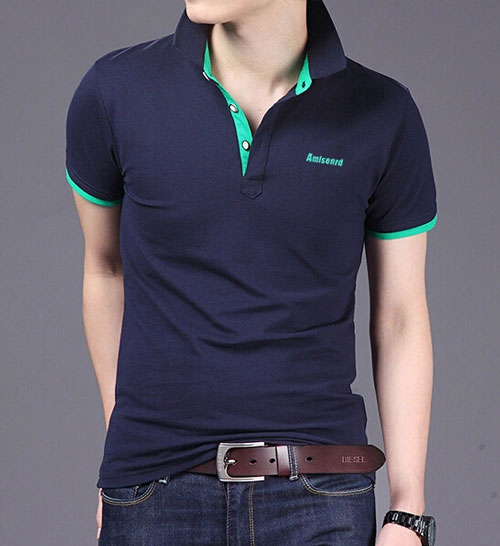 精棉萊卡高檔POLO衫定做,藏青色搭配薄荷綠款式圖