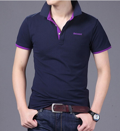 精棉萊卡高檔POLO衫定做,藏青色搭配紫色款式圖
