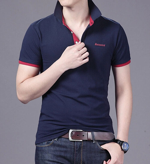 精棉萊卡高檔POLO衫定做,藏青色搭配暗紅色效果款式圖