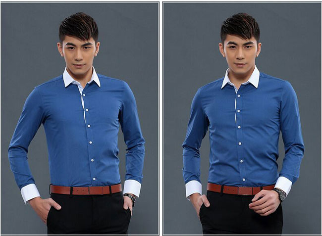 深藍色配白領襯衫定制模特正面款式圖片