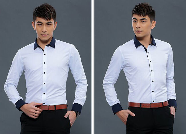 白色配黑領男士修身襯衫定做模特正側面效果圖片