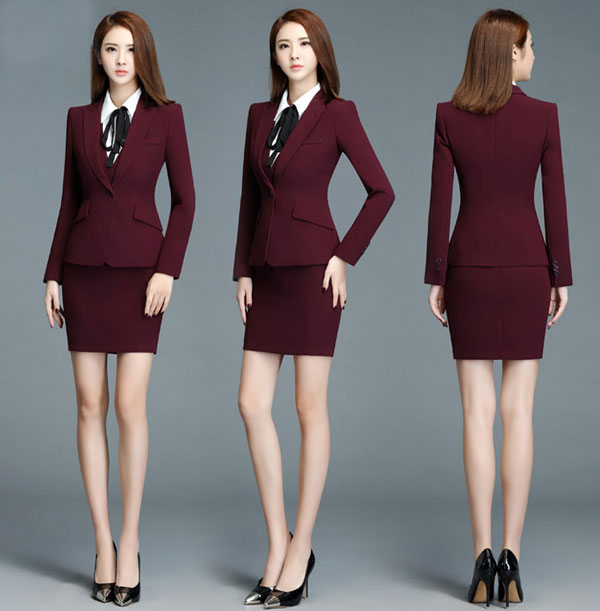 酒紅色女士職業西裝裙裝款模特展示圖