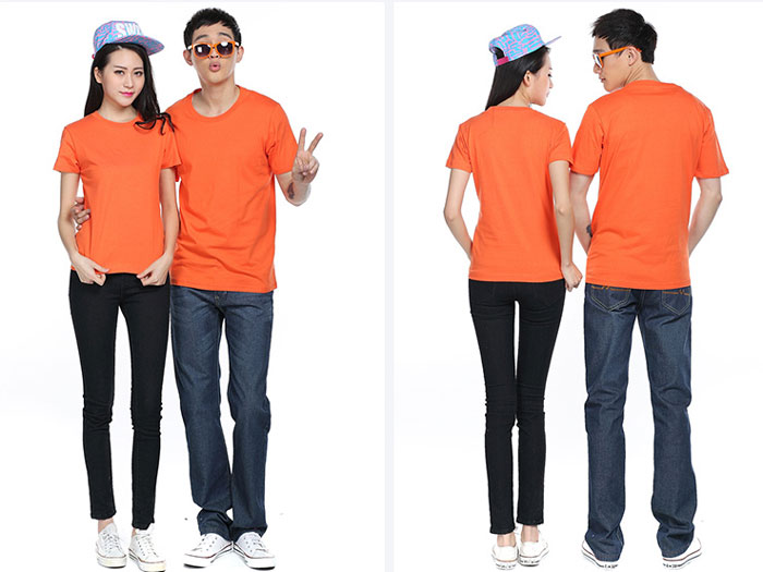 橙色萊卡棉短袖圓領文化衫定做_男/女款式展示圖