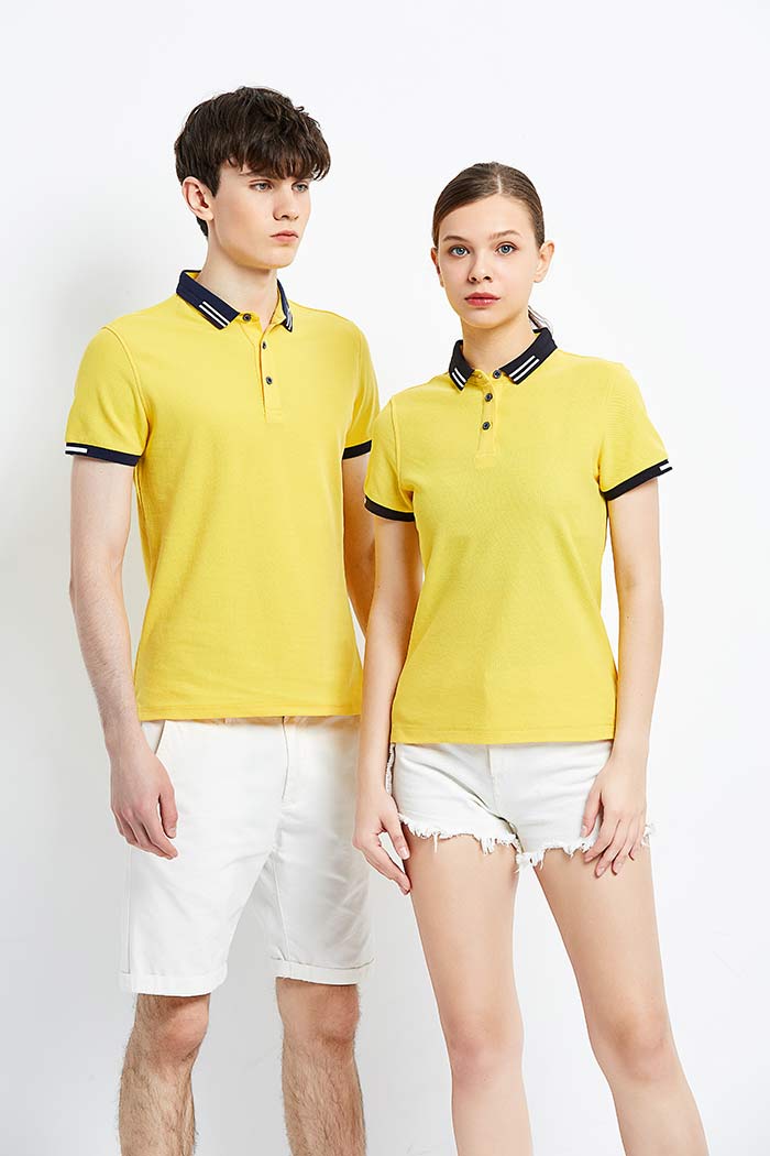 220克錦上添花翻領短袖T恤衫定做之香蕉黃色款式模特圖